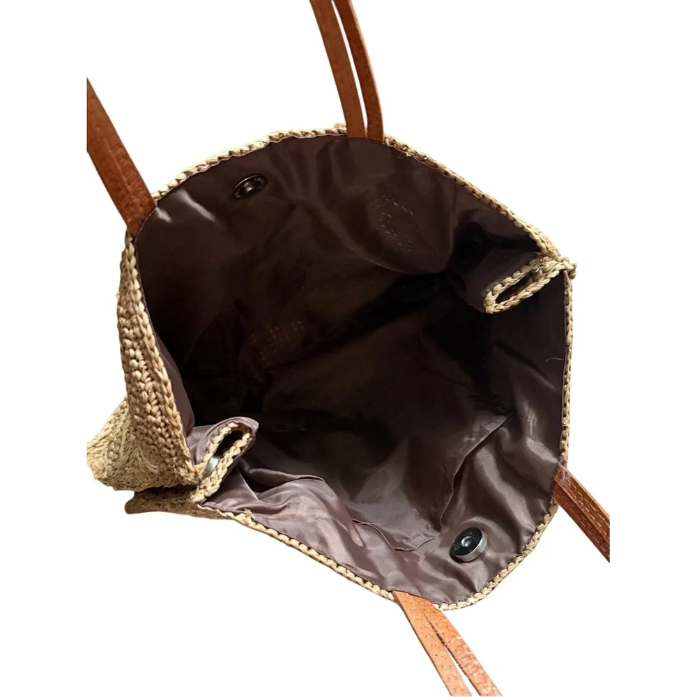 Unbranded Tan Straw Woven Tote Bag Swirl Boho Crochet Shoulder Purse Medium‎
